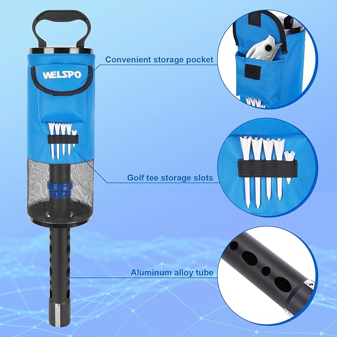 welspo Golf Ball Retriever, Portable Shag Bag Golf Ball Pick Up with Detachable Aluminum Alloy Tube, Golf Shag Bags Golf Ball Shagger Large Capacity Hold up to 70 Balls