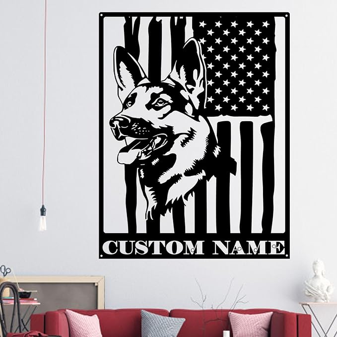 Custom German Shepherd US Flag Metal Sign with LED Lights, Unique Wall Art for Home Decor, gift for Dog Lovers, Durable Hanging Decor for Indoor & Outdoor Spaces