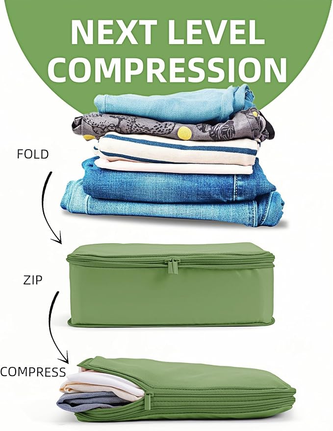 6 Set Compression Packing Cubes for Travel, Large Medium Small Luggage Organizers, Storage Bags for Clothes and Essentials (6 Pack, Forest Green)