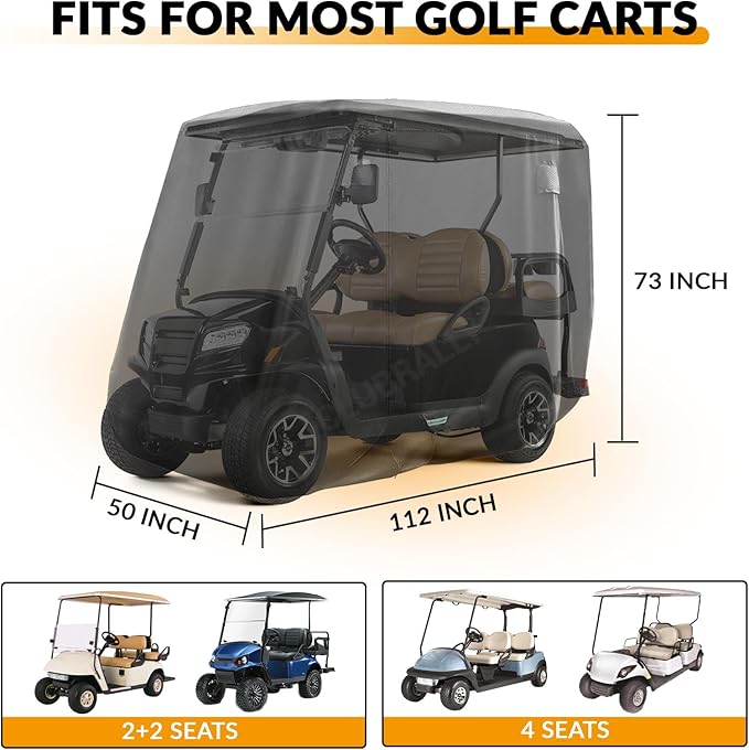 Golf Cart Cover with Doors and Reflective Stripes, 600D Waterproof Golf Cart Cover 2/4 Passenger for Club Car, EZGO, Yamaha Golf Carts - Black/Grey