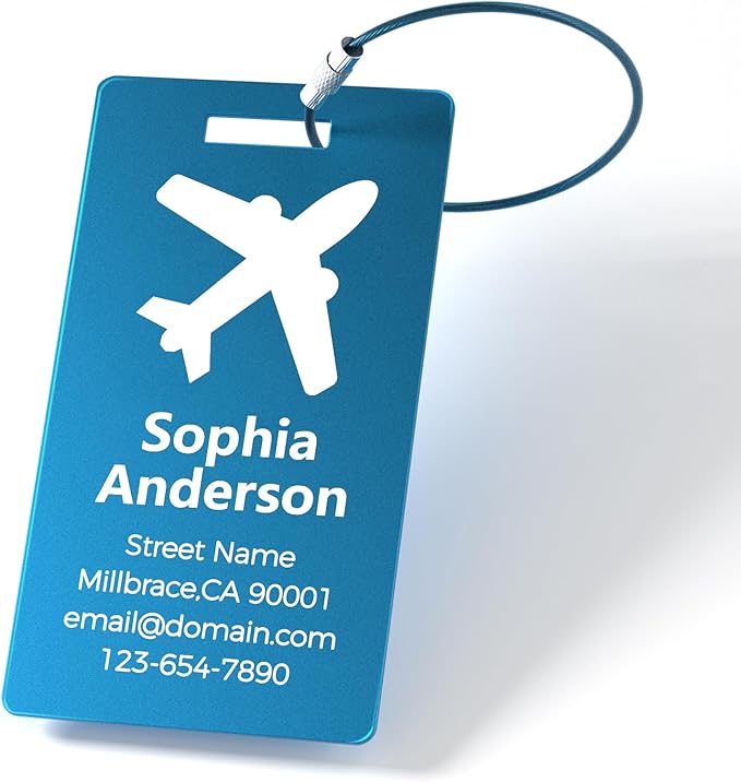 Personalized Metal Luggage Tags, Custom Suitcase Aluminum Name Tags with 5.9in Steel Ring, Laser Engraved Text and Logo, for Travel Gift, Baggage, Golf Bag (Blue)