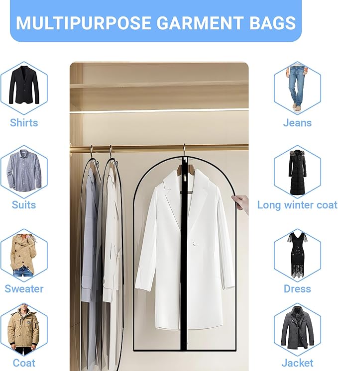 Garment Bags for Hanging Clothes 24'' x 55'' (Set of 12) Coat Covers for Closet Foldable Washable Dress Bags for Hanging Clothes for Long Dress Dance Costumes Suits Gowns Coats