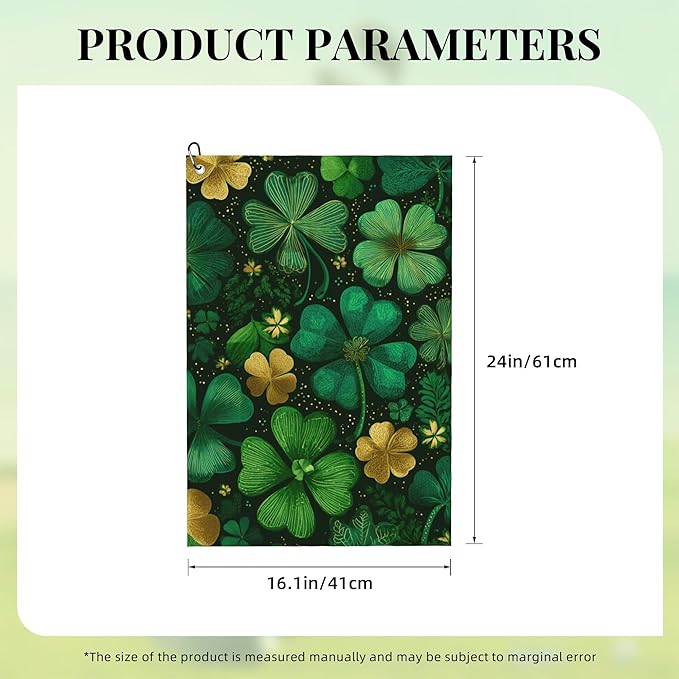Green St Patricks Day Shamrock Golf Towel with Carabiner Clip 24"x16" Lucky Leaf Floral Golf Towels for Golf Bags Microfiber Waffle Golf Rag for Disc Balls Clubs Accessories for Men Women Dad