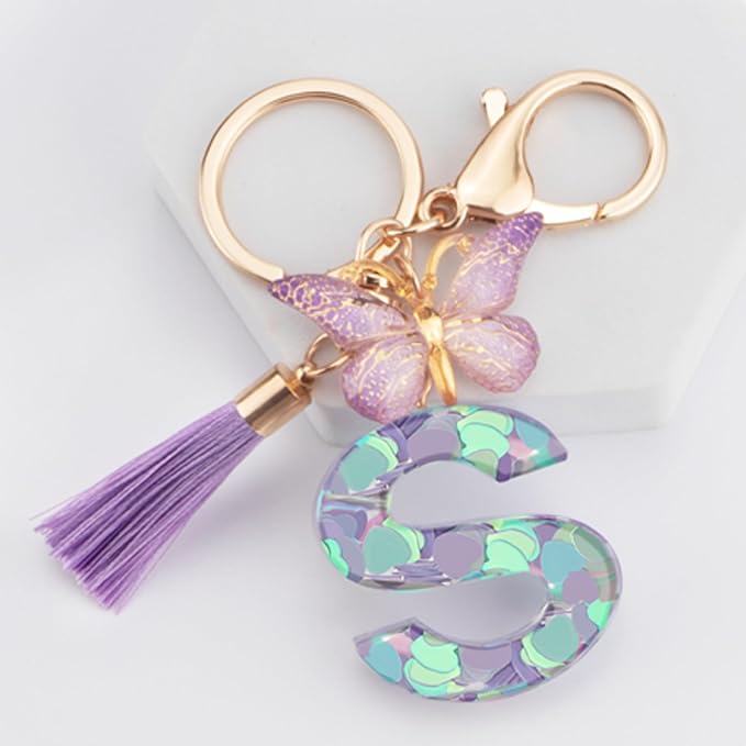 Suweibuke Colourful Cute Initial Letter Keychains for Women Girls with Tassel Butterfly, Charm for Purse Handbags Backpacks