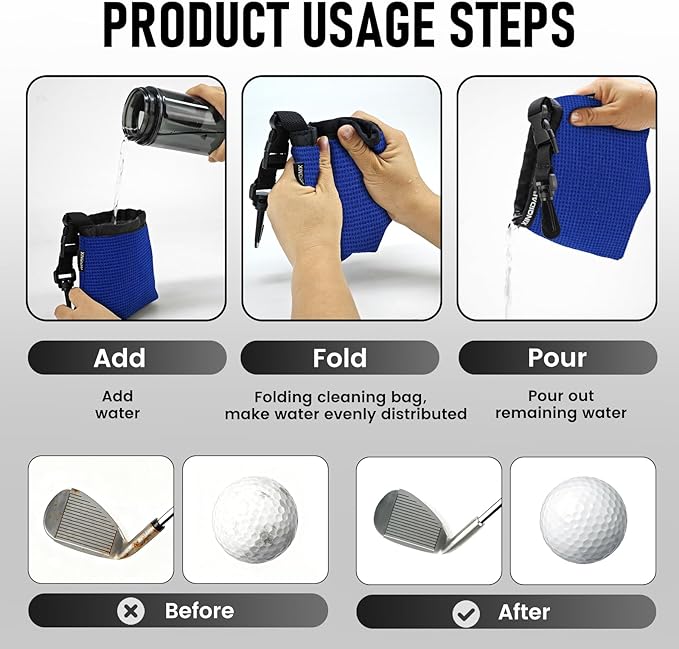 Golf Club and Golf Ball Cleaning Bag - Cleans Club Grooves, Waterproof Clean Face Tech, Detachable Clip, Machine Washable, Stay-Dry Exterior,Golfer Gifts for Men (1, BLUE)
