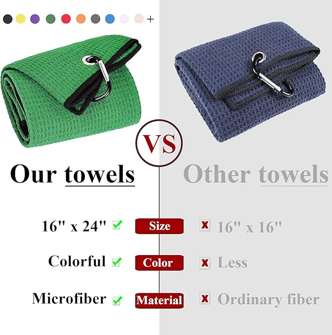 VIVIDLY 2 Pack Tri-fold Golf Towels, Premium Microfiber Fabric Waffle Pattern with Black Heavy Duty Carabiner Clip, Green Golf Towels for Golf Bags for Men (Green)