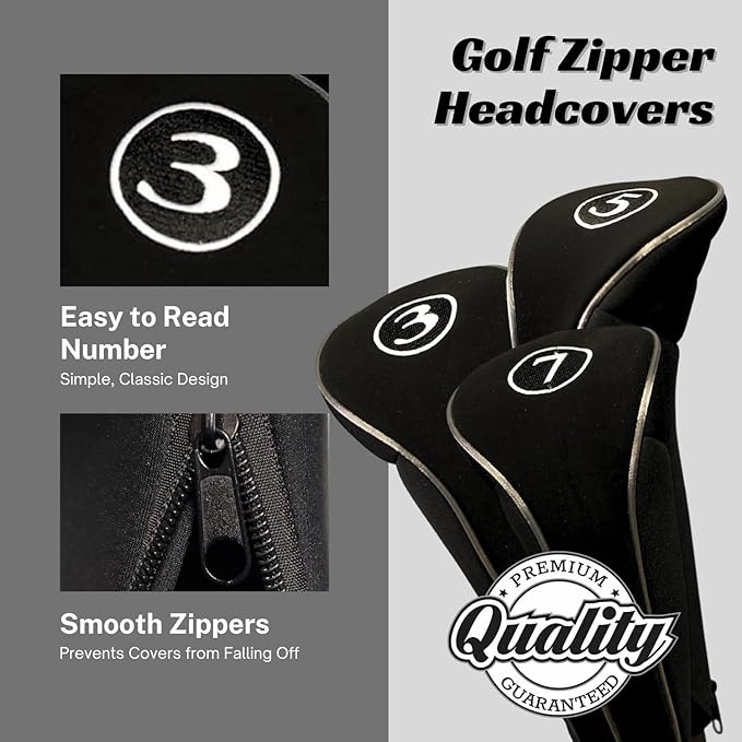 Black Golf Zipper Head Covers 3 5 7 Fairway Woods Headcovers Metal Neoprene Traditional Plain Protective Covers Fits All Fairway Clubs