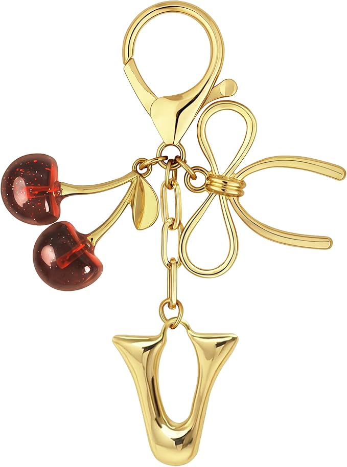 Gold Bubble Heart, Cherry, Bow & More Designs Letter Initial Keychain Bag Charms – Cute Purse Charms for Handbags
