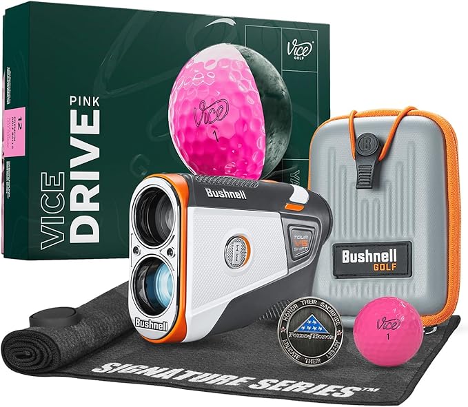 Bushnell Golf Tour V6 Shift Laser Rangefinder with Vice Balls | Slope Compensation, PinSeeker, Magnetic Mount, 1300 YD Range, 6X Magnification | Signature Series Golf Towel