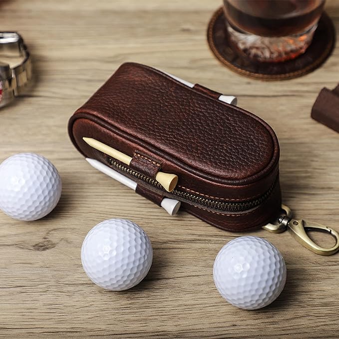 Top Grain Genuine Leather Golf Ball Pouch Holder, Vintage Design, Handmade No Logo, Portable and Holds Up to 3 Balls & 4 Tees, Golf Accessory Gift for Man & Woman