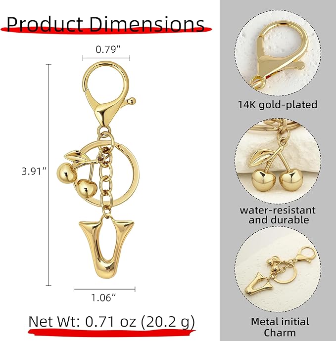 Gold Bubble Heart, Cherry, Bow & More Designs Letter Initial Keychain Bag Charms – Cute Purse Charms for Handbags