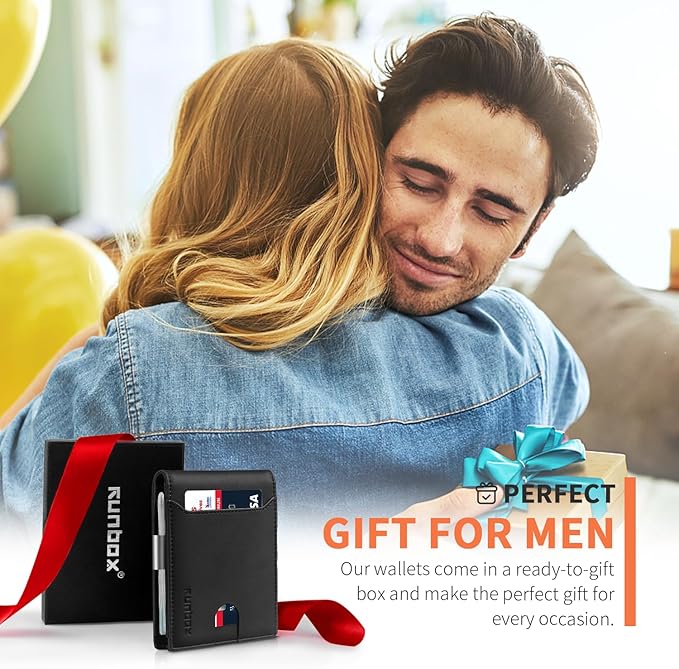 RUNBOX Money Clip Wallets for Men,Slim Leather Mens Bifold Wallet,RFID Blocking Front Pocket Wallet,Thin Credit Card Holder with Gift Box