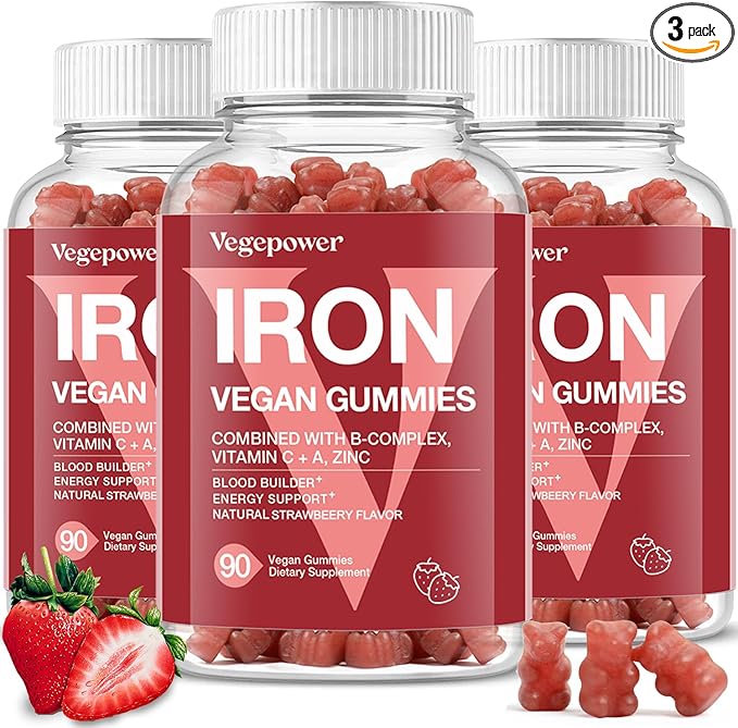 Iron Gummies Supplements for Kids & Women - Multivitamin with Iron for Blood Healthy, Great Tasting Vitamins Gummy with Vitamin C for Max Absorption - Strawberry (3 Packs)