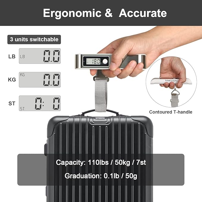 travel inspira Luggage Scale, Portable Digital Hanging Baggage Scale for Travel, Suitcase Weight Scale with Rubber Paint, 110 Pounds, Battery Included