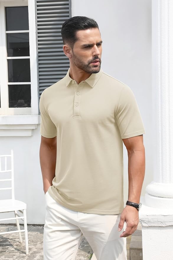 MAGCOMSEN Men's Polo Shirts Short Sleeve Cotton Pique 3 Button Classic Fit Casual T-Shirt Performance Golf Shirts