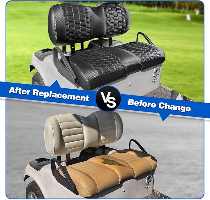 NOKINS Golf Cart Seat Covers, Fit EZGO TXT RXV Freedom Liberty Express Premium Front Seat Cushion, EZGO Premium Accessories Vinyl Seat Covers, No Nails Required (Carbon Fiber Black&Black)