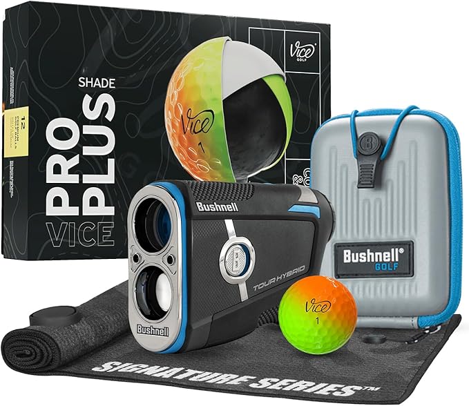 Bushnell Golf Tour Hybrid GPS Laser Rangefinder with Vice Balls | Slope Compensation, Magnetic Mount, Front/Middle/Back Distance, 1300 YD Range, PinSeeker | Signature Series Golf Towel