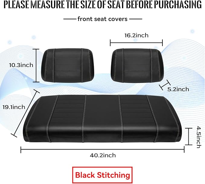 Golf Cart Seat Covers fits Club Car Precedent/DS/EZGO RXV/TXT/Yamaha Front Rear Seat Cushion，Black Leather Custom Stripe Soft Comfortable/Anti-Scratch/Easy to Clean