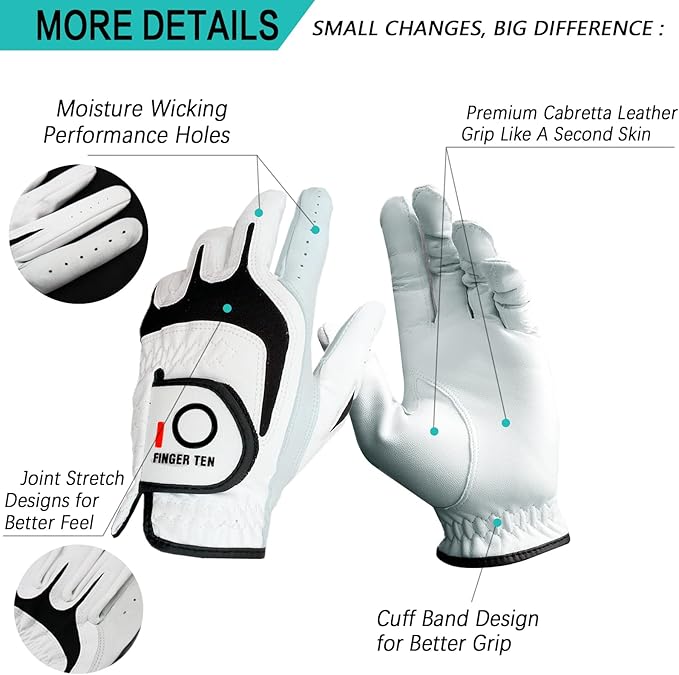 FINGER TEN Premium Cabretta Leather Golf Gloves Men 3 Pack for Right Left Handed Golfer, Comfortable Glove with All Weather Grip for Left Right Hand Size S M ML L XL