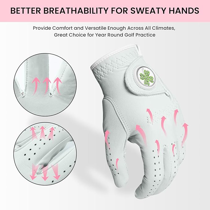 FINGER TEN Golf Gloves Women All Premium Cabretta Leather 1 Pack, Soft Comfortable & Breathable Grip Glove with Ball Marker Left Hand for Right Handed Golfer