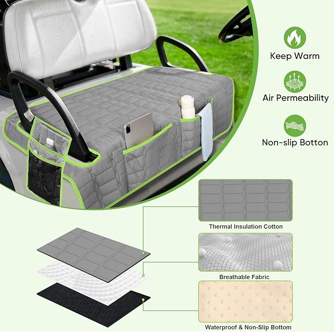 Golf Cart Seat Cover, Universal Bench Seat Cover with Storage Pockets, Non-Slip Seat Protector for Golf Cart, Fits EZGO Club Car Yamaha, Easy Install