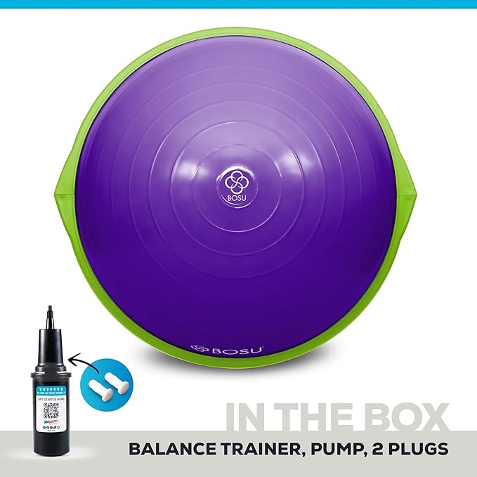 Bosu Balance Ball Exercise Trainer, Home Gym Equipment w/ Guided Workouts & Pump, 26", Blue - Inflatable Fitness Platform for Strength Training, Standing, Balancing, and Core Workout