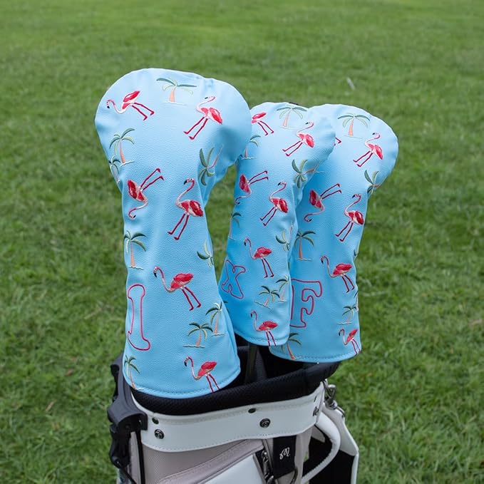 Golf Club Head Covers Golf Driver Fairway Hybrid Head Cover Flamingo Design Premium Leather Waterproof Driver Fairway(FW) Wood Hybrid(UT) with Number Tags 3 Wood Headcover