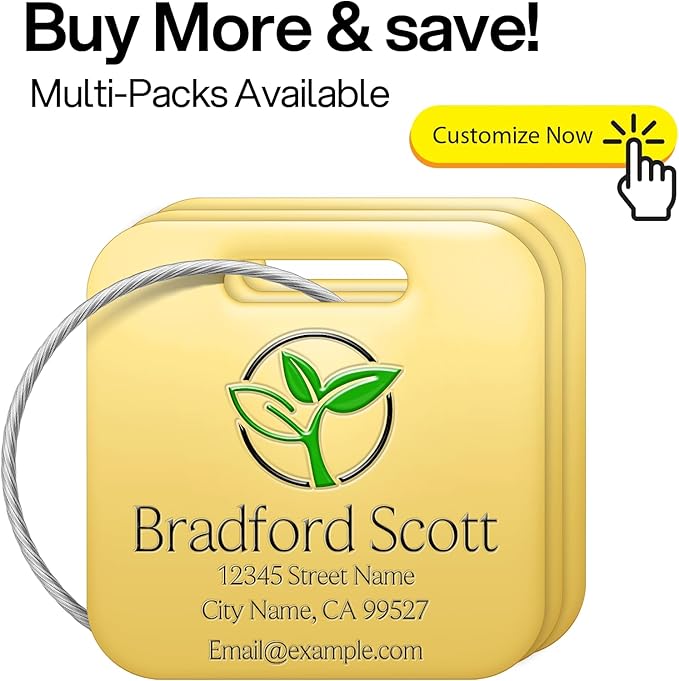 Personalized Luggage Tags - Custom Metal Luggage Tags for Suitcases, Backpacks and Bags with Your Personalized Club Logo Text (Square-Gold)