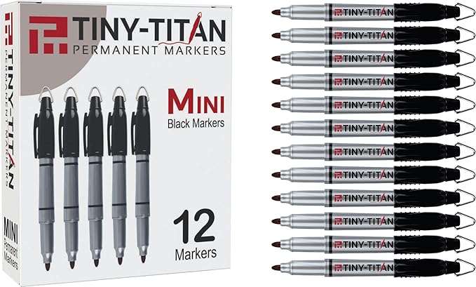 Tiny-Titan Mini Markers, Keychain Clip, Golf Ball Marker, Clip On Nurse's Badge - BLACK Ink - Fine Point - 12 Pens Per Box