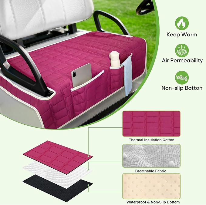 Golf Cart Seat Cover, Universal Bench Seat Cover with Storage Pockets, Non-Slip Seat Protector for Golf Cart, Fits EZGO Club Car Yamaha, Easy Install
