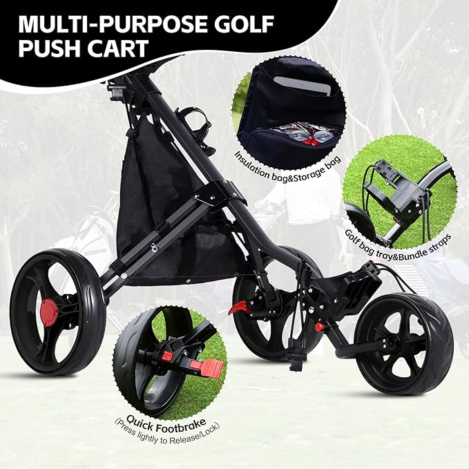 Lakehood 3 Wheel Golf Push Cart & Golf Bag Cart - Easy Fold/Unfold, Smooth Golf Push Pull Cart, One-Tap Brake, Push Golf cart Perfect for Golf Enthusiasts & Professionals
