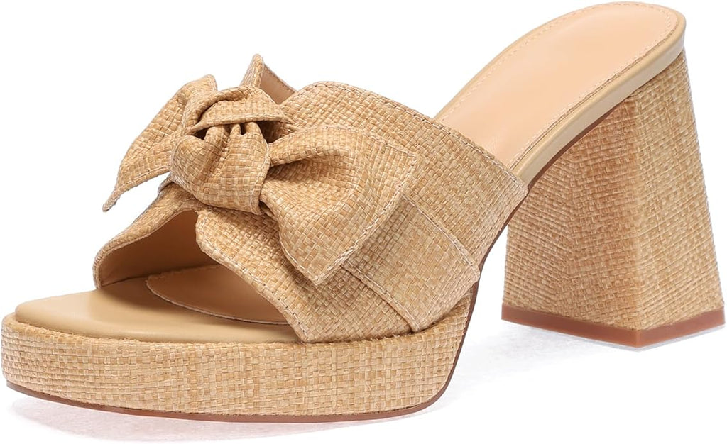 Monrovia Womens Sandals Heels for Women Slide On Block Chunky Platform High Heels Open Toe Raffia Wedge Sandals