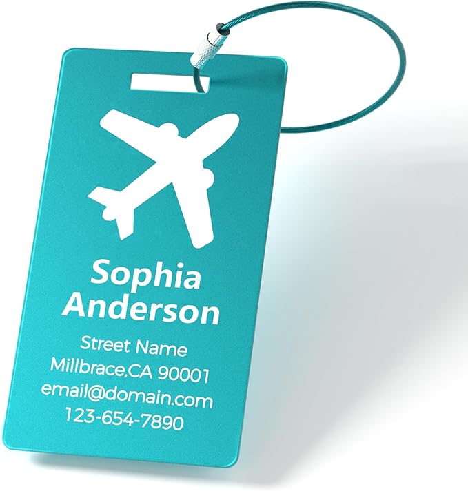 Personalized Metal Luggage Tags, Custom Suitcase Aluminum Name Tags with 5.9in Steel Ring, Laser Engraved Text and Logo, for Travel Gift, Baggage, Golf Bag (Lake Blue)