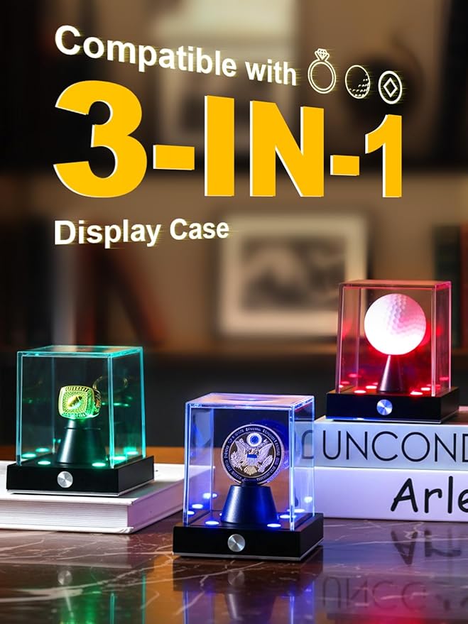 JupDec Cordless LED Challenge Coin Display Case, Clear Acrylic Single Silver Dollar Holder with 10 Color Light up, Autograph Coin Showcase with Memory Function, Ideal Gift for Sports Fans