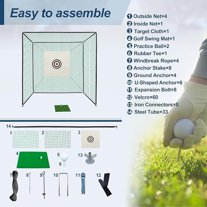 10x10x10 FT Golf Practice Hitting Net Cage with Metal Frame & Target - Indoor Outdoor Portable Training Net for Driving Chipping - Includes Mat & Accessories