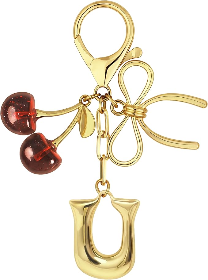 Gold Bubble Heart, Cherry, Bow & More Designs Letter Initial Keychain Bag Charms – Cute Purse Charms for Handbags