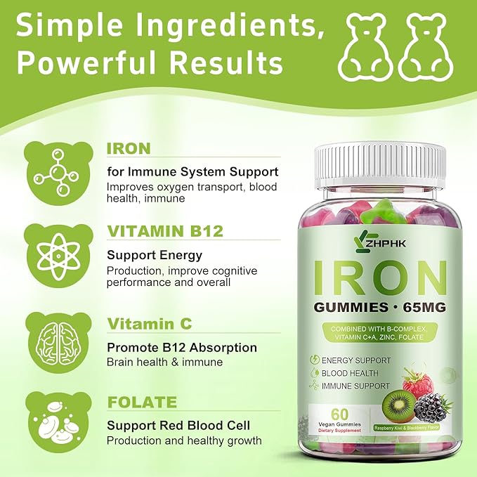 Iron Gummies for Women Men Vitamin Supplement 65mg & Vitamin C 250mg Per Serving with B6 B12 Folate- Energy Support for Iron Deficiency, Anemia, Vegan Raspberry Kiwi & Blackberry Flavor, 120 Gummies