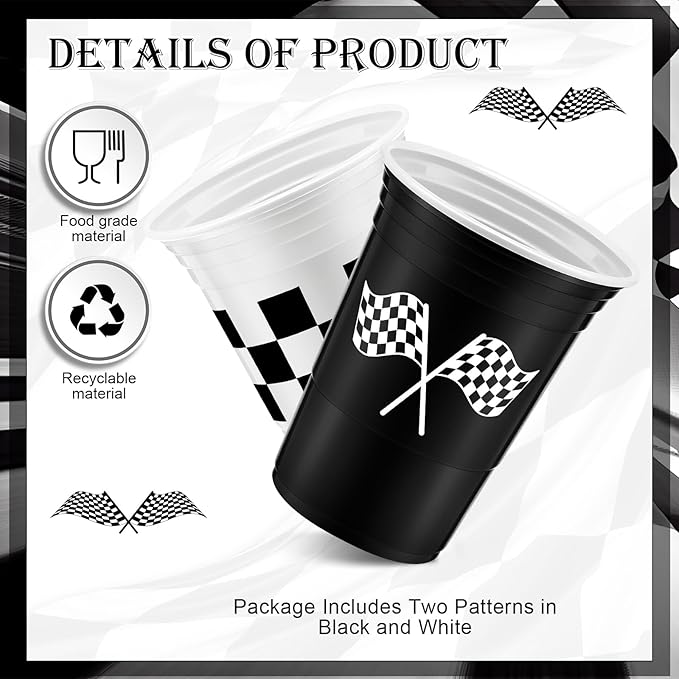 Norme 48 Pcs Checkered Cups Checkered Flag Party Supplies Bulk 16 oz Disposable Race Car Cups Thick White Black Cup for Racing Themed Birthday Party