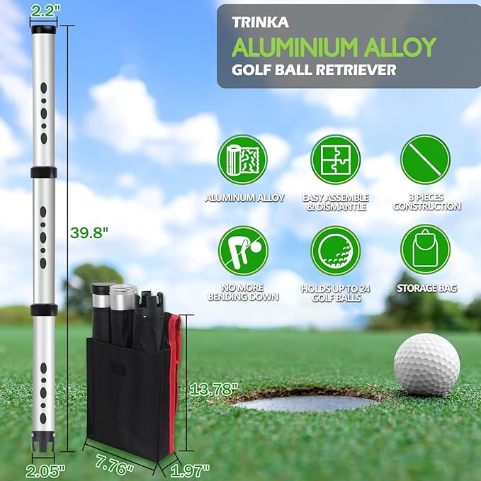 Golf Ball Retriever with Storage Bag, Detachable Golf Ball Picker Upper Tube, Aluminum Alloy Golf Ball Collector, 40 Inch Golf Balls Shagger Grabber for Men Women, Hold up to 24 Golf Balls