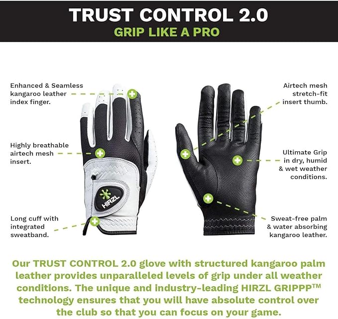 HIRZL Trust Control 2.0 Golf Gloves, All Weather Mens Golf Glove, White/Black, Kangaroo Leather Palm, Cabretta Leather Backhand, Trusted by Pro’s, Sweat Free, Ultimate Grip