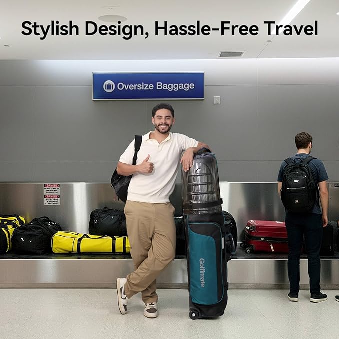 Golf Travel Bag for Airlines with Carbon Fiber Look Hard Top, Protective Club Traveling Cover with Wheel, Golf Club Carrier Case for Airplanes, Thick Padding, Durable Zippers, 2 Spacious Side Pockets