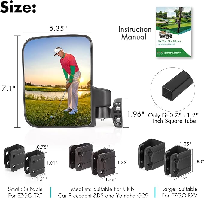 10L0L Golf Cart Mirror, No Drilling Extra Large Side View Mirror Universal for Yamaha, Club Car, EZGO, Folding Side Rear View Mirrors Adjustable 180 Degree