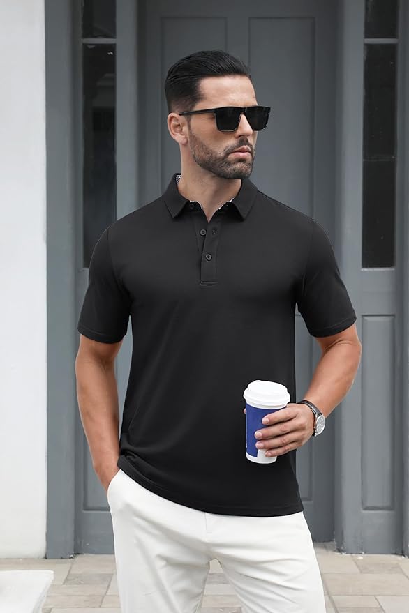 MAGCOMSEN Men's Polo Shirts Short Sleeve Cotton Pique 3 Button Classic Fit Casual T-Shirt Performance Golf Shirts