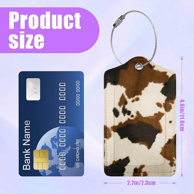 3 Pack Cowhide Brown Luggage Tags for Suitcase Animal Cow Skin PU Leather Travel Luggage Tag Privacy Cover ID Label for Women Men Baggage Backpack Handbag School Bag