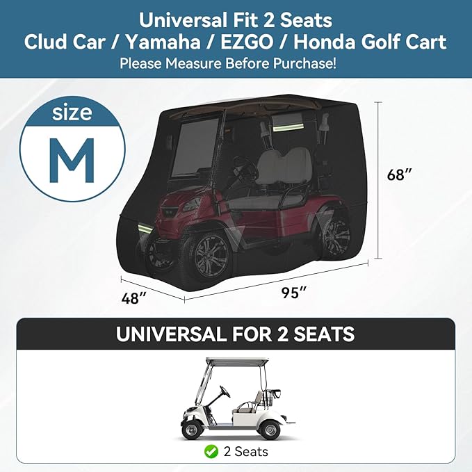 Tuszom 100% Waterproof 1200D Solution-Dyed Golf Cart Cover Universal Fit Yamaha,Honda,Club Car,EZGO and Most Brand Golf Cart for 2/2+2/4/4+2/6 Seats with Zipper Door,Storage Bag