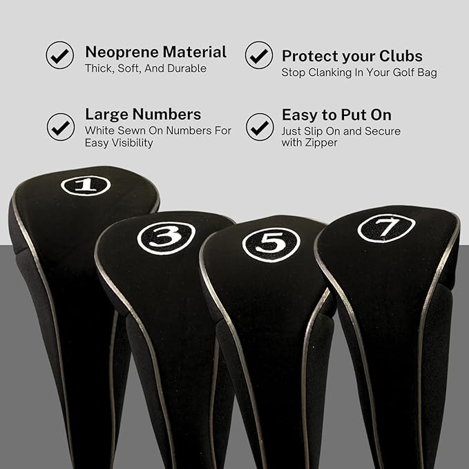 Black Golf Zipper Head Covers Driver 1 3 5 7 Fairway Woods Headcovers Metal Neoprene Traditional Plain Protective Covers Fits All Fairway Clubs and Drivers up to 460cc for Golfing Buddies