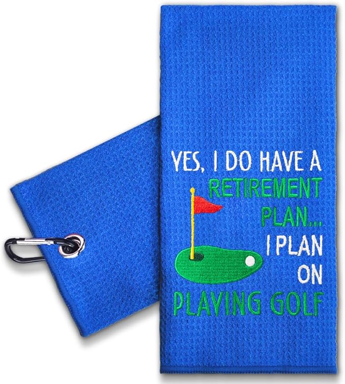 ERHACHAIJIA Yes I'd Have A Retirement Plan Embroidered Golf Towel with Clip. Funny Golf Accessories Gifts for Men Women Golfer Grandma Grandpa Mom Dad, Retirement (Blue)