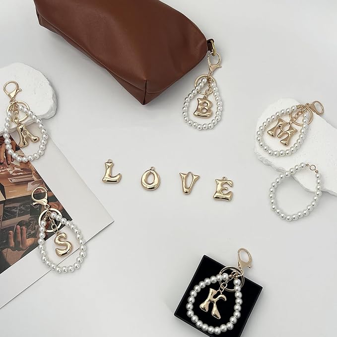 Gold Bubble Heart, Cherry, Bow & More Designs Letter Initial Keychain Bag Charms – Cute Purse Charms for Handbags