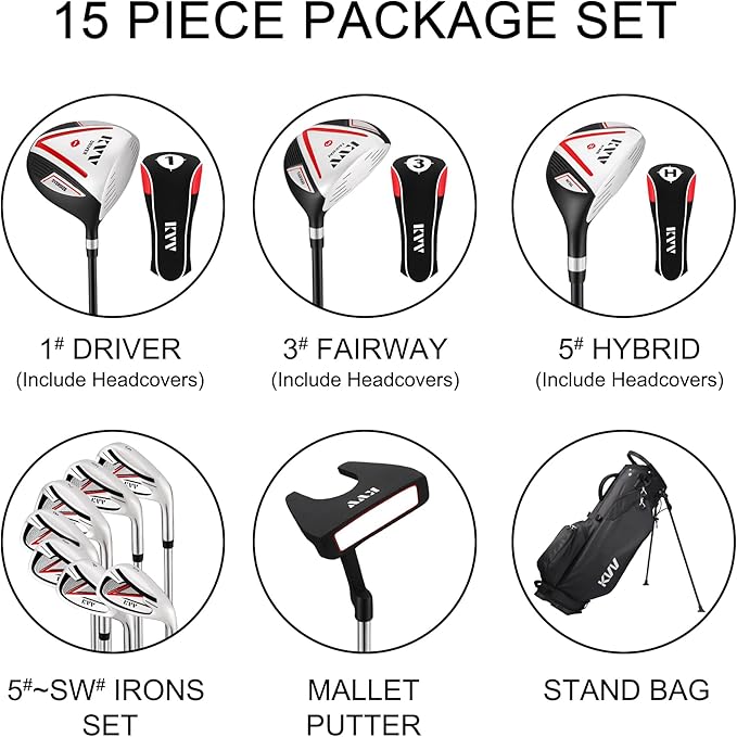 KVV Men's Golf Clubs Package Set, 11-Club Complete Set with/Without Stand Bag/7-Piece Irons (5~P#), Right Handed/Left Handed