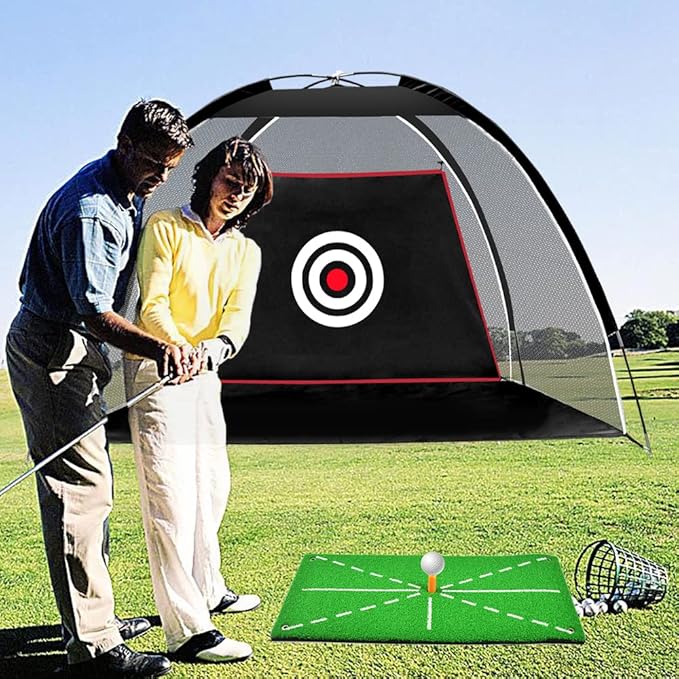 Black Golf Practice Set With Net, Hitting Mat, Target Cloth and Carrying Bag for Backyard Driving